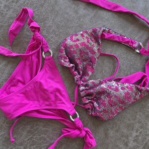 Bahimi Fuschia Pink Silver Bikini Set with Glitter Metallic Leopard Top